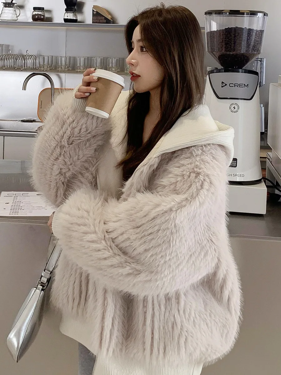 

Autumn Winter Faux Fur Jacket Women Loose Casual Hairy Shaggy Soft Warm Faux Fur Coat Women with Hood Long Sleeve Zipper Korean