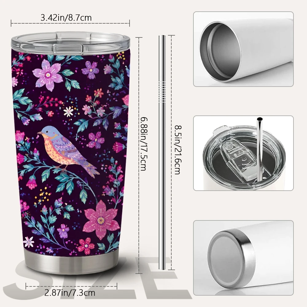 Folk Art Bird Vacuum Flasks 20oz Long Lasting Hot Cold Drinks Container Leakproof Stainless Steel Cup&Straw&Travel Gift
