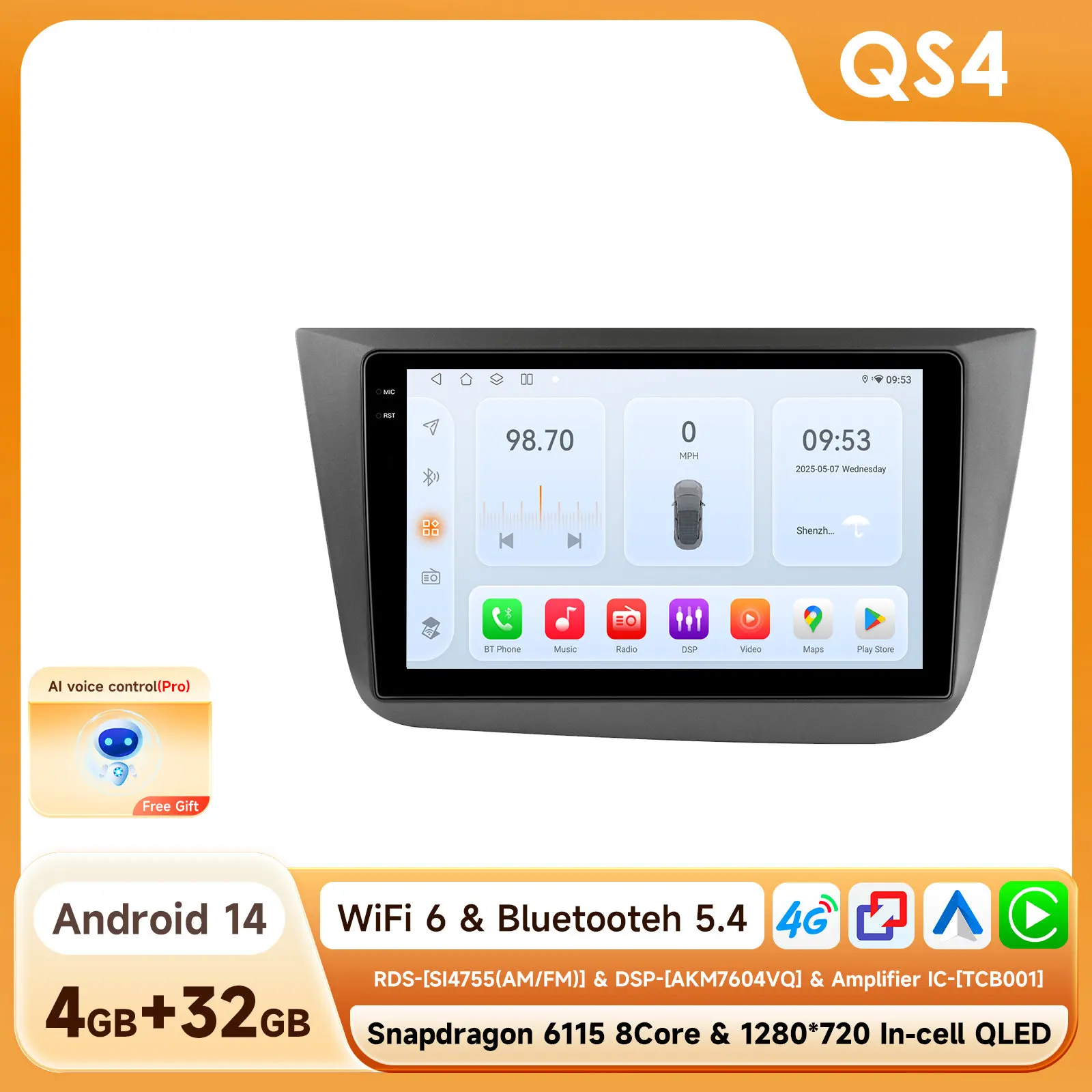 9 ''7862 Intelligent Scherm 2din Android Auto Radio Multimedia Video Speler Voor Stoel Altea Voor Toledo Gps Nav Carplay Auto 4G Rds - afbeelding 1