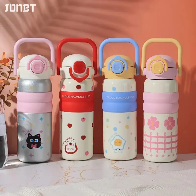 

600ml Cartoon Vacuum Thermos Flask With Straw Portable Double Drink Adult Children Coffee Cups Thermal Water Bottle Drinkware
