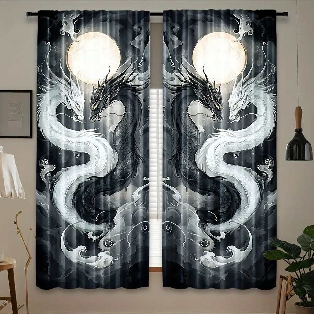 Gothic Dragon Moon Curtain Drapes Fantasy Mythological Window Curtains Home Decoration for Living Room Bedroom Accent