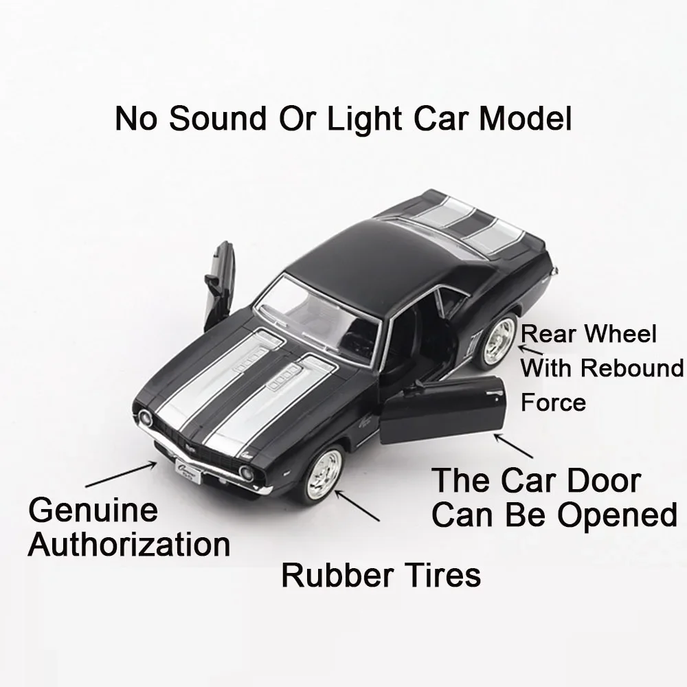 1:36 Car Model Chevrolet Camaro 1969 Toys Alloy Diecast Miniature Vehicles Pull Back Sound Light Christmas Car Gifts for Kids