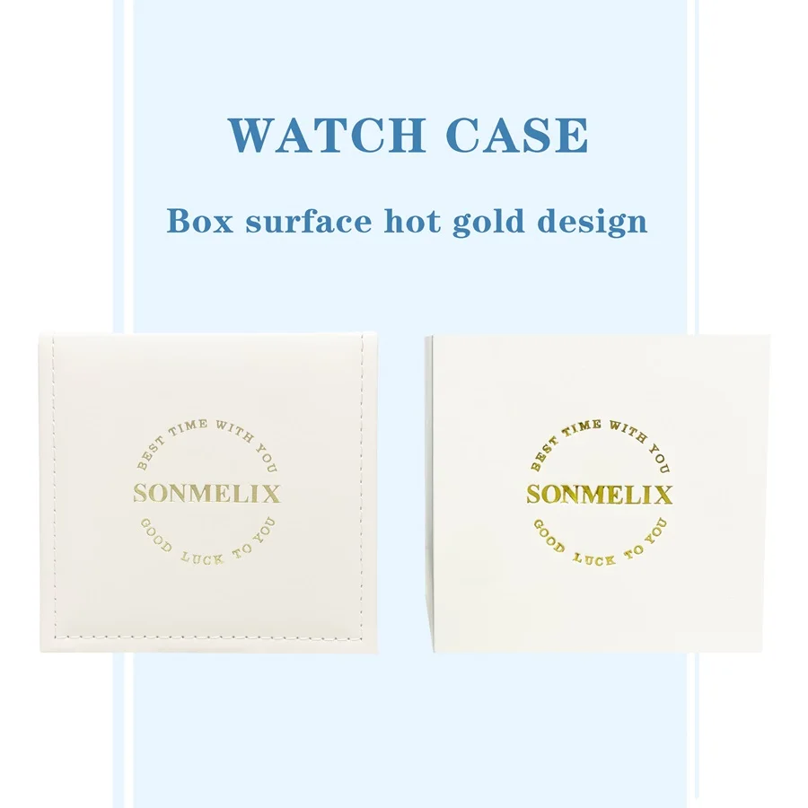 Viral Trending Luxury Watch Packaging Box White PU Leather Exquisite Stitch Gold Print Logo Dustproof Wristwatch Storage Case Fo