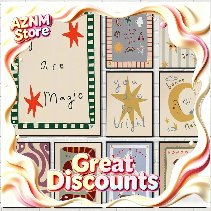 1PCS frameless Canvas paintingBohemian Sun Moon Animal Cartoon Canvas Print Letter Quotation Nursery Wall Art Poster for Mode