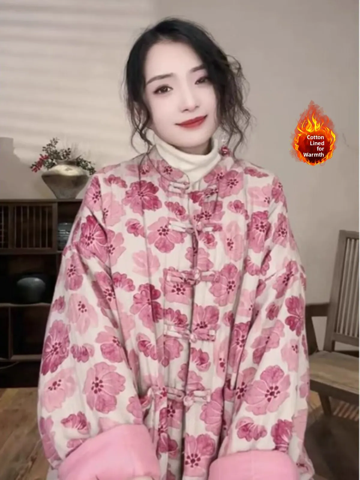 New Chinese Style Cotton Linen Floral Print Women's Jacket Large Size Fashionable Anti-Aging Cotton Clothes Stand Collar Butt...