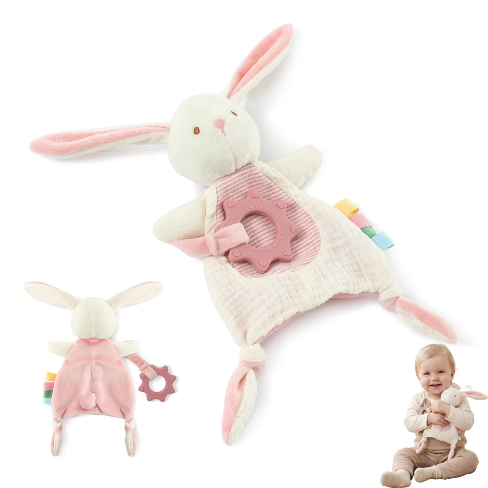 Plush Bunny Security Blanket with Silicone Teether Crinkle Sound Baby Toys Soft Cashmere Fabric Sensory Play Newborn Shower Gift