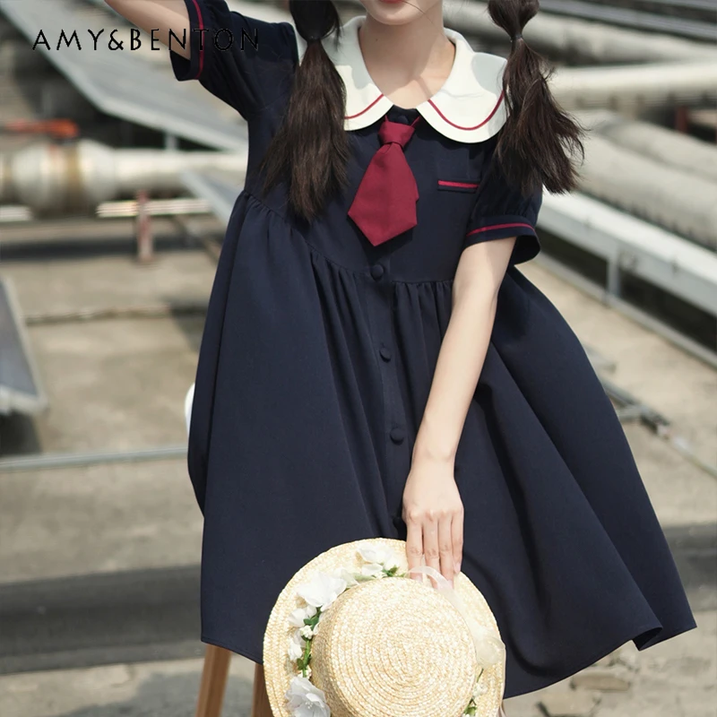 2024 Summer College Style Doll Collar Sweet and Cute A Word Thin Age-Reducing Dress For Girls