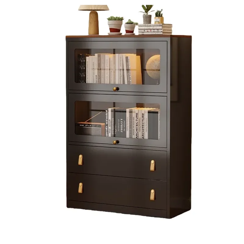 Black Retro Steel Glass Sliding Door Bookcase Medieval Style Display Cabinet for Living Room Storage Locker