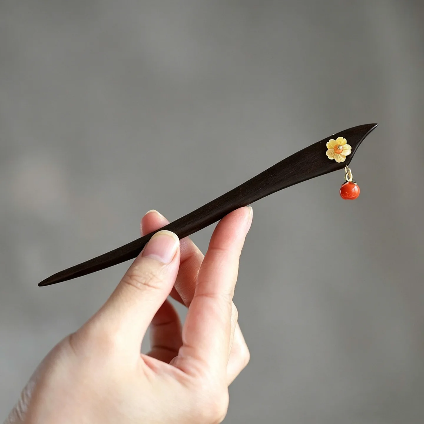 Vintage New Chinese Style Dark Wood Hair Stick With Shell Flower Cute Persimmon Pendant Hanfu Updo Hairpin For Women Daily Wear