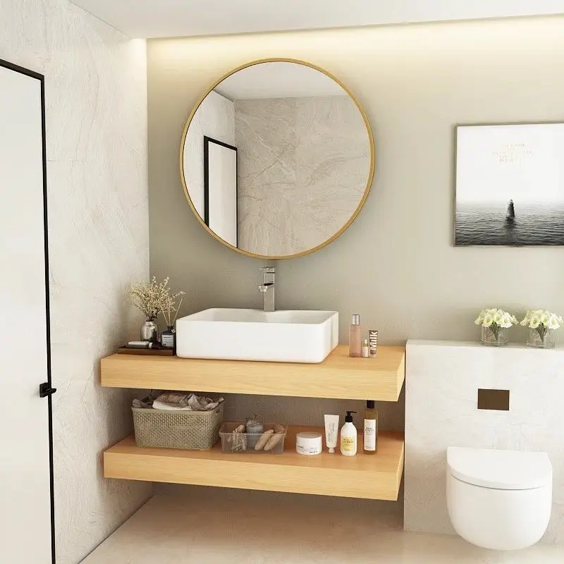 

Log Bathroom Vanity Ceramic Integrated Washbasin, Modern Design Solid Wood for Small Spaces Space-Saving Wall-Mounted Feature