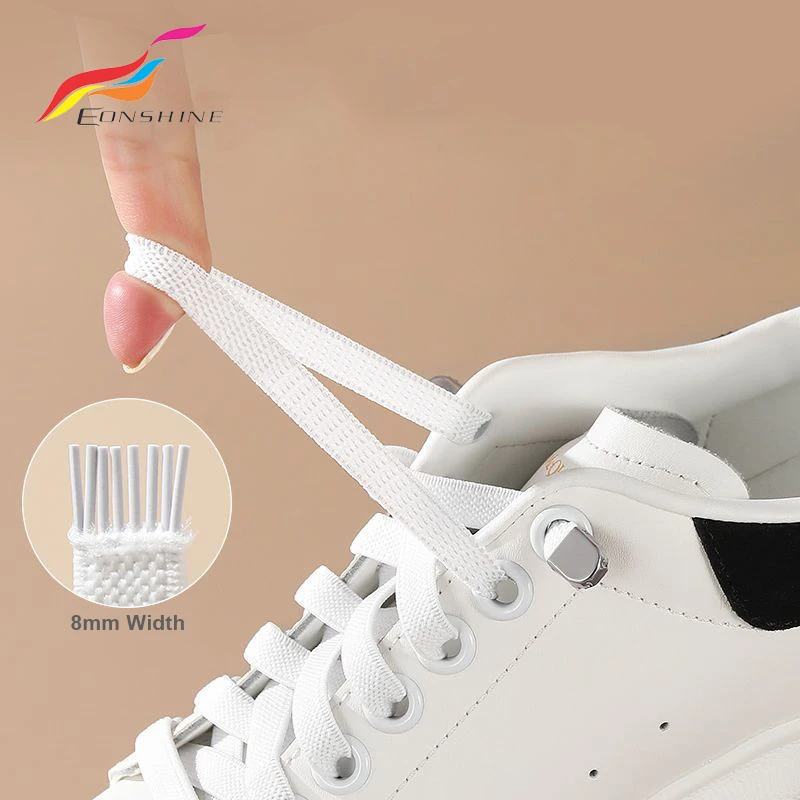 New 8mm Elastic No Tie Shoelace White Flat Press the metal lock Fast Shoelace Kids And Adult Unisex Lazy Laces