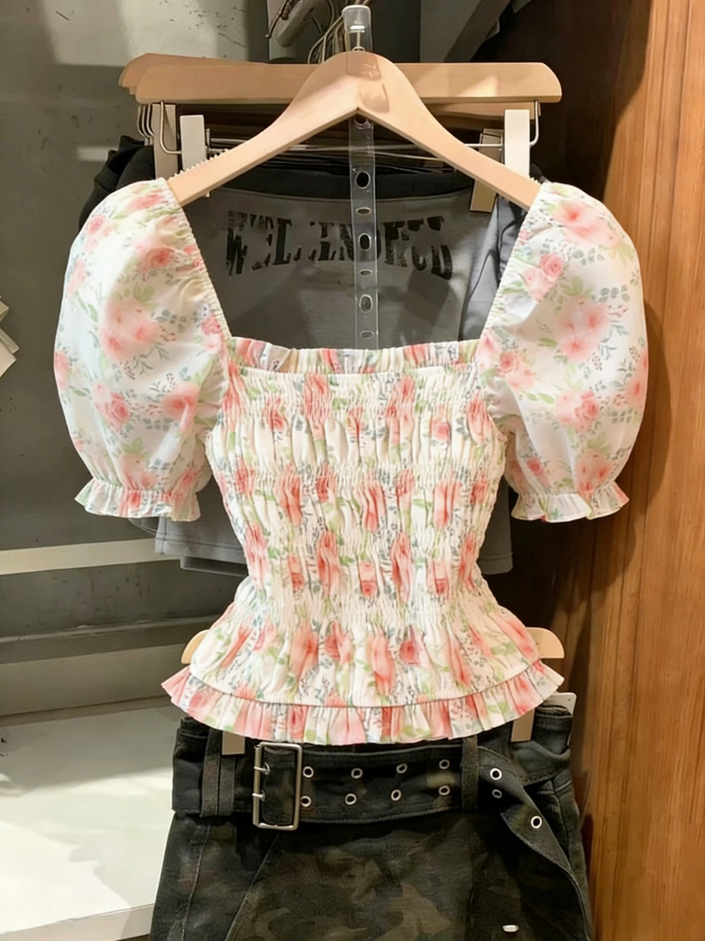 

Sweet Floral One-Shoulder Bubble Sleeve Chiffon Top Women's Summer New Waist-Cinching Slimming Versatile Short Sleeve Blouse