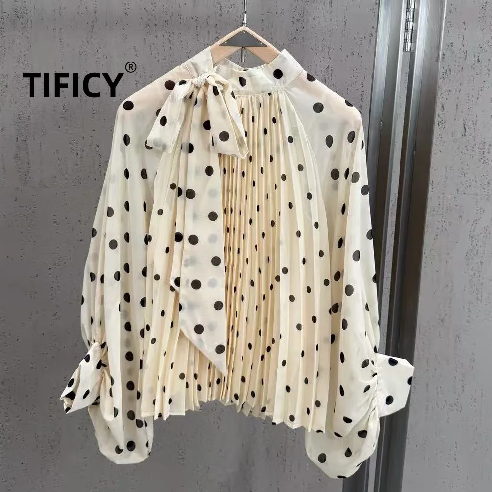 High Street Shrits Women's Early Autumn Ins Style Retro Storm Point Ribbon Versatile Commuting Chiffon Casual Shirt