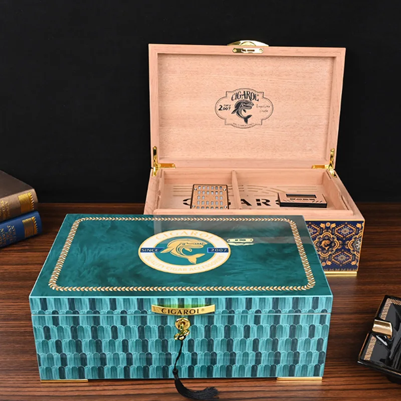 Luxury Cedar Wood Cigar Humidor Box, Sealed Double-Layer Large Capacity Storage Case, Holds Over 80 Cigars with Humidifier view 2