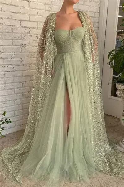 Customized Exquisite Sequin Cloak Sleeves Design Prom Dresses Simple Solid Mesh Slim Waist A-line Gown Sexy Split Cascading Vest