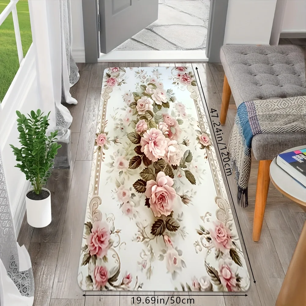 Spring and summer floral patterns in soft pink are perfect for kitchen decor, kitchen rug sets, bedrooms, and living rooms.