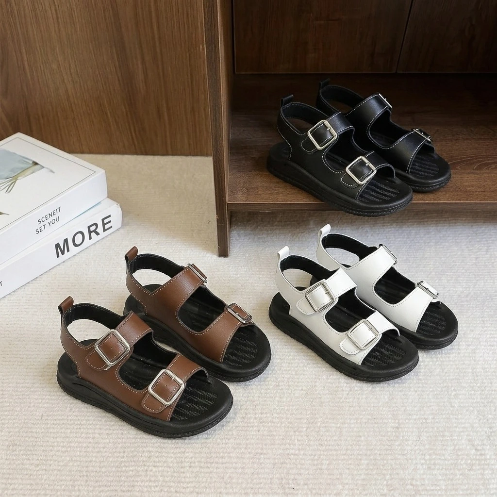Boys Strappy Leather Sandals with Buckle 2026 New Summer Kids Chunky Beach Sandals Non-slip Versatile Chic School Barefoot Shoes