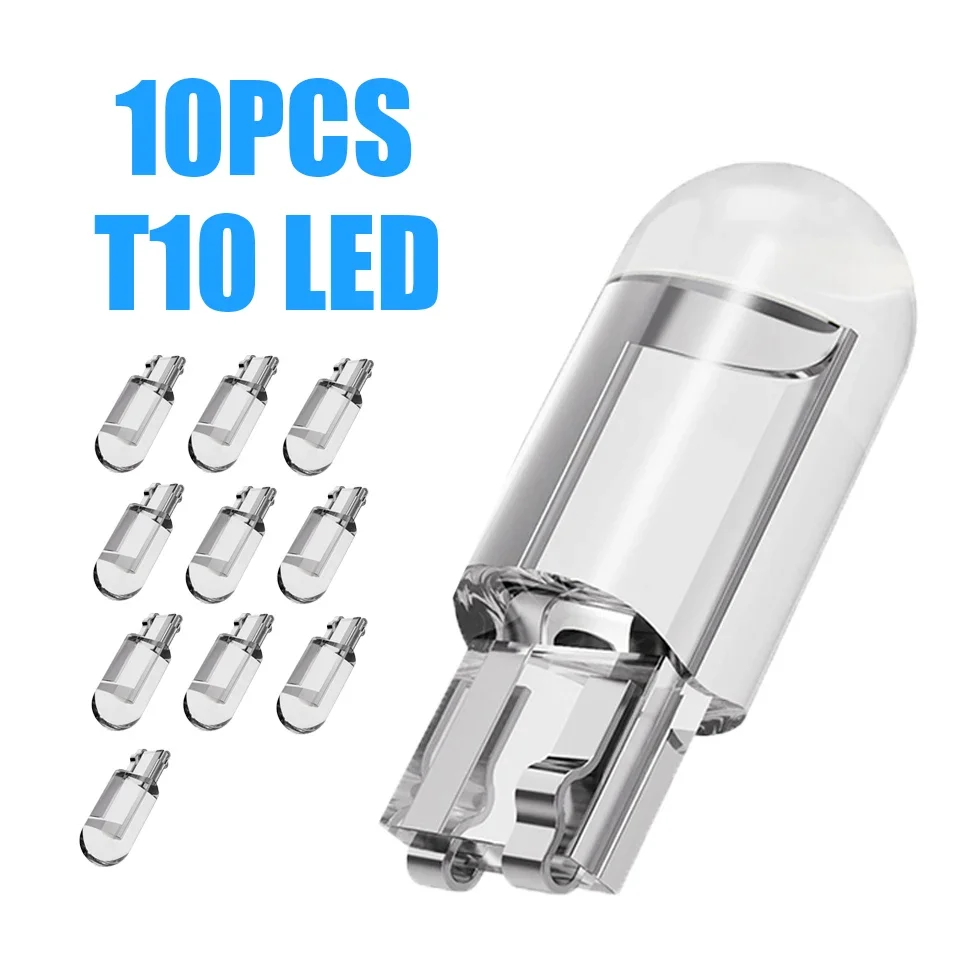 

10Pcs Lucent W5W T10 Led Cob Glass Car Light Bulb 6000K White Auto Automobiles License Plate Lamp Dome Read Light DRL Style 12V