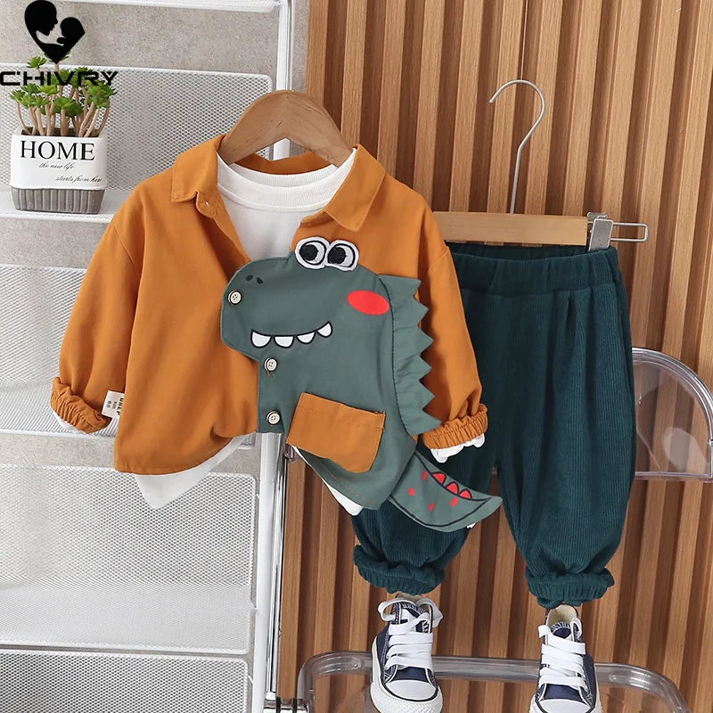 New 2023 Baby Boys Autumn Fashion Cartoon Dinosaur Lapel Jacket Sweatshirt with Pants Kids Fashion Three-piece Clothing Sets