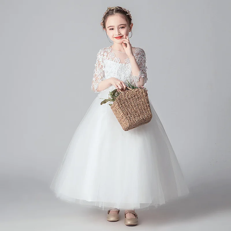 Summer Baby Girl White Floral Princess Dress Children Long Tulle Wedding Party Dress Kids Lace Vintage Clothes New In Dress