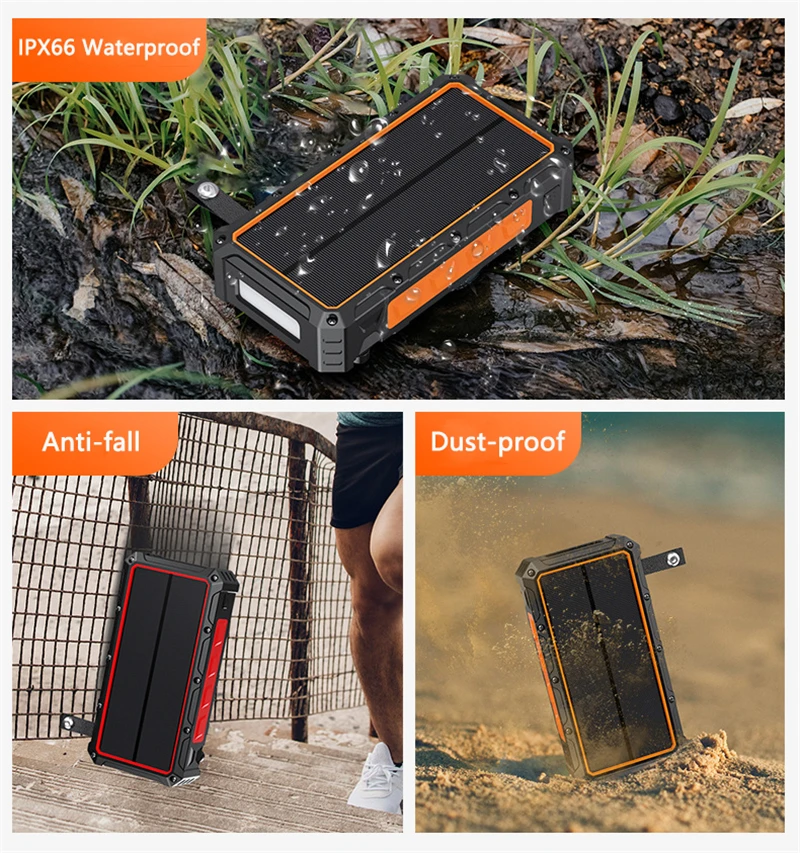 20000mAh Wireless Solar Power Bank with Cable LED Light Hand Crank Charger Powerbank for iPhone 15 Samsung S23 Xiaomi Poverbank