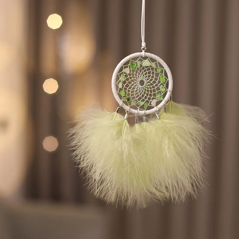Light Green Feathers, Green Gemstone Wind Chimes Pendant, Exquisite Dream-catching Net,car Ornament Rearview Mirror Accessory