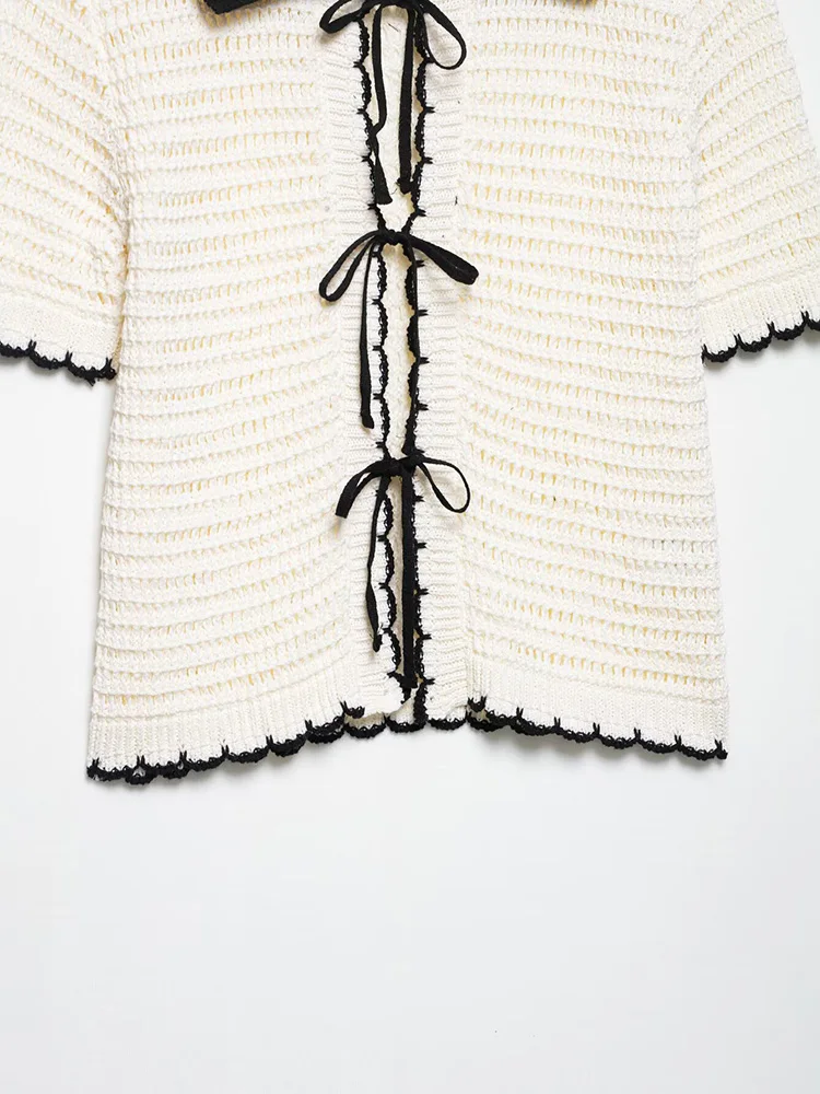 Siyang moda feminina bege arco rendas até camisola de malha vintage lapela pescoço mangas curtas feminino chique senhora outfits