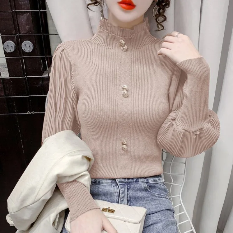 Women\'s Pullover Solid Long Sleeve Button Sweater Half High Collar 2023 Spring and Autumn Korean Puff Sleeve Ruffles Knit Tops