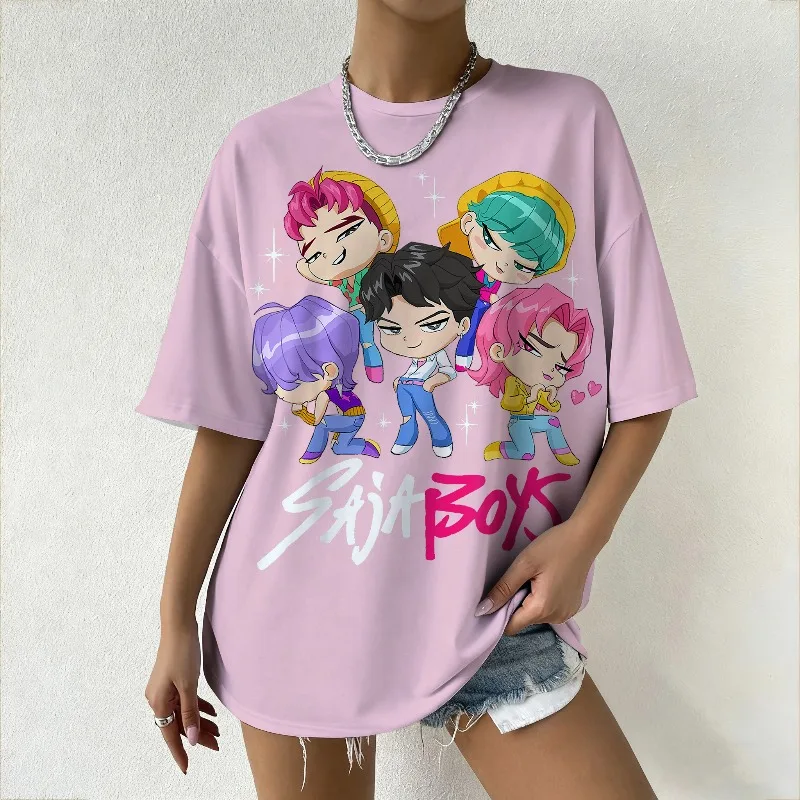 

Женская футболка в стиле KPop «Охотники на демонов», летняя футболка со скобами для модных уличных и универсальных сцен с милым принтом Saja Boys