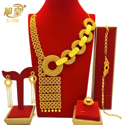 Dubai 24K Gold Color Jewelry Set For Women Bridal Indian Long Necklace Set Nigerian Choker Necklace Bracelet Earring Ring Sets