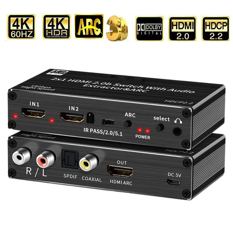 4k hdmiオーディオスイッチャー、オーディオエクストラクター、2 in 1アウト、r、l、tosink、spdif、同軸オーディオアウト、hdmi arcオーディオスイッチ、2x1アダプター