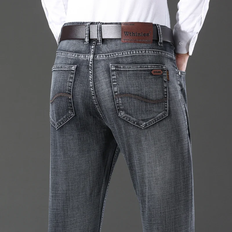 

Plus Size 28-40 Men's Fashion Casual Jeans Classic Solid Straight Elasticity Denim Pants Spring Autumn Gray Blue Male Trousers