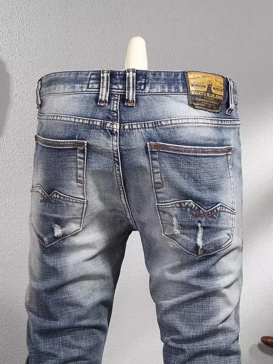 Fashion Designer Men Jeans Retro Washed Blue Elastic Slim Fit Ripped Jeans Men Trousers Italian Style Vintage Denim Pants Hombre