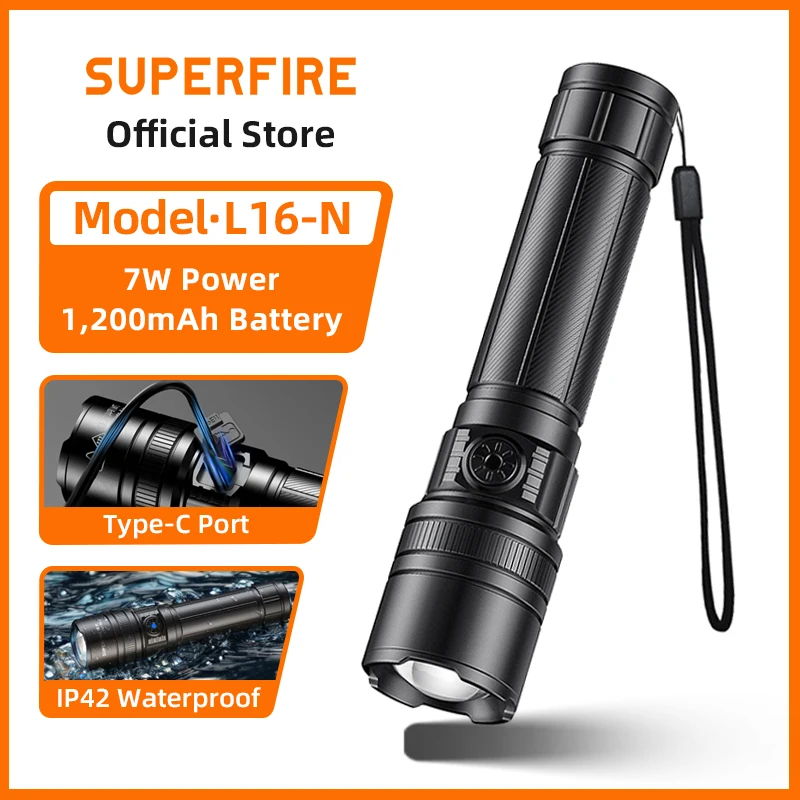 

SUPERFIRE L16-N 7 Вт светодиодные фонари высокой мощности зум-фонарик сильный свет перезаряжаемый 5 режимов открытый кемпинг аварийная ситуация для рыбалки