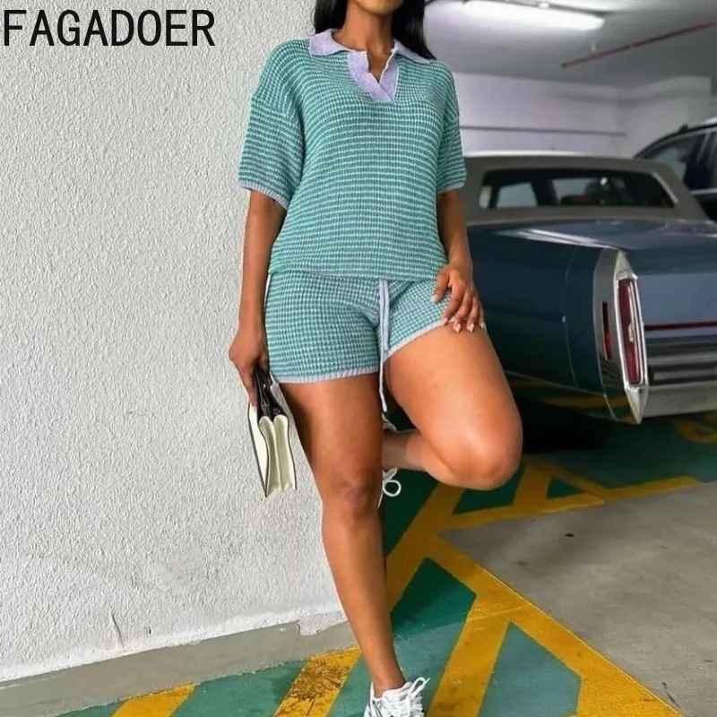 FAGADOER Y2k Sweet Fashion Knit 2 Piece Sets Woman Outfit Hollow Out Short Sleeve Crop Top and Shorts Outfit Female Streetwear
