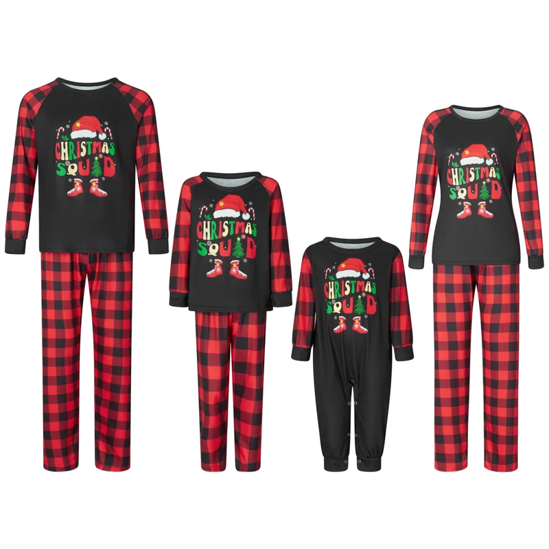 Christmas Pajamas for Family Long Sleeve Letter Boots Print Tops + Buffalo Plaid Pants Set Winter Sleepwear