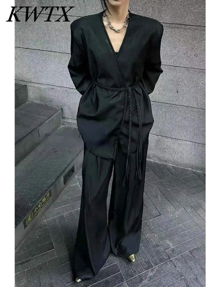 KWTX 2025 ウエストタイ編み込み無地デザインセンスブラウスプラスストレートレッグカジュアルワイドレッグパンツレディース 2 点セット