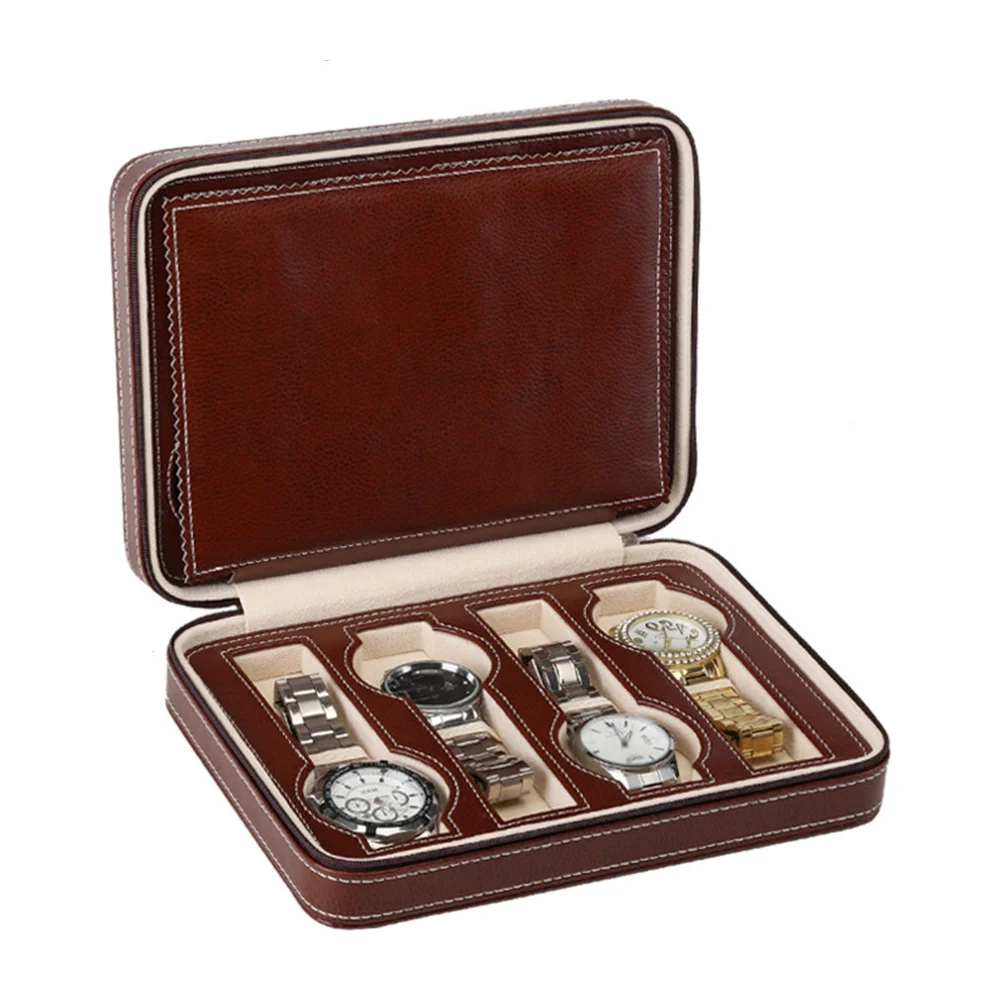 

8 Slots Brown Watch Case Luxury Portable Zippered PU Storage Box Classic Display for Men Women Watch Case