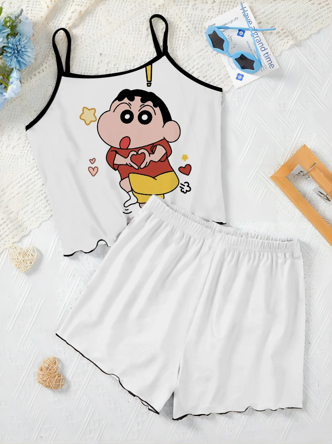 Crayon Shin-chan series printed women's top shorts set silk satin silky soft casual suspender set cute cartoon sweet style