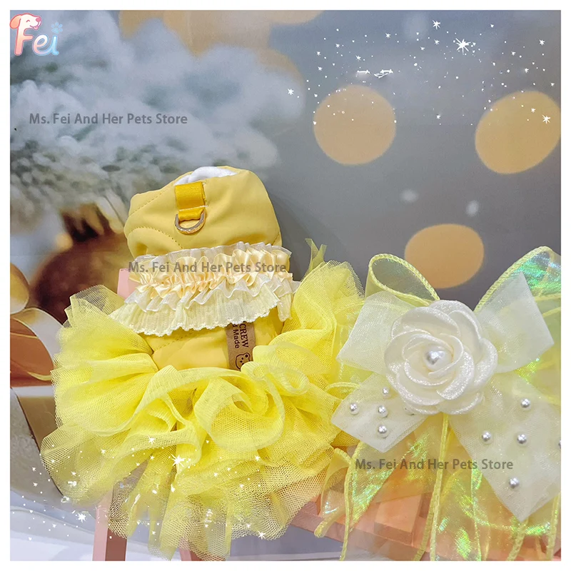 

Princess Dress for Small Medium Dogs Yellow Flying Sleeve Bow with Drawstring Buckle Pet Apparel Autumn Winter Dog Clothes