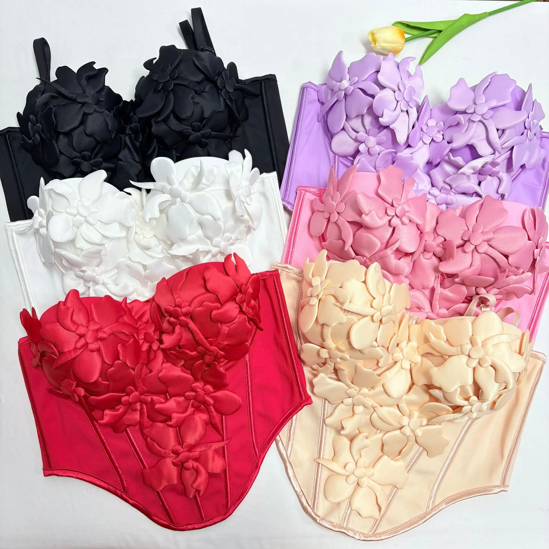 Women's Shapewear Corset Tops Elegant 3D Flower Decor Camisoles Sweetheart Neck Sleeveless Spaghetti Strap Triangle Hem Bustiers