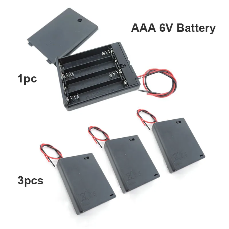 4 Slot AAA 6V Battery Holder Case Box with Leads with ON/OFF Switch Cover Standard Battery Container black
