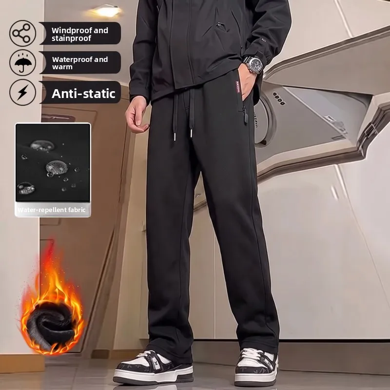 Men Polar Fleece Lined Pants Outdoor Water Resistant Black Cargo Tapered Straight Leg Trousers Women Zipper Pocket Sweatpants