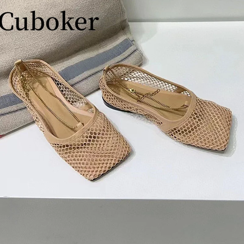 Summer Women Gold Chain Flat Sandals Sexy Mesh Square Toe Female Mules Brand Runway Party Dress Porous Shoes for Women Vacation