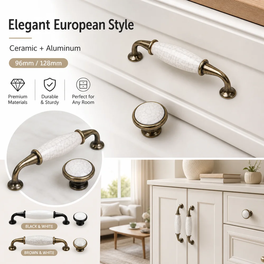 Stylish Ceramic Cabinet Door Handles Aluminum Black White Color Drawer Pull European DIY Friendly Cabinet Pulls Kitchen Cabinets