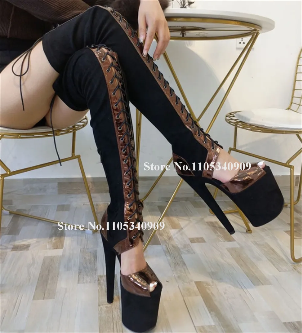 Bondarenko Cut-out Black Suede Patchwork Stiletto Heel Over Knee Boots Peep Toe Lace-up High Platform 20cm Thin Heel Dance Shoes