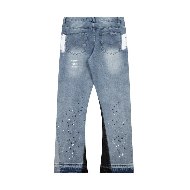 

American retro washed letter spliced denim trousers high street trendy brand couple loose straight micro-flared long trousers