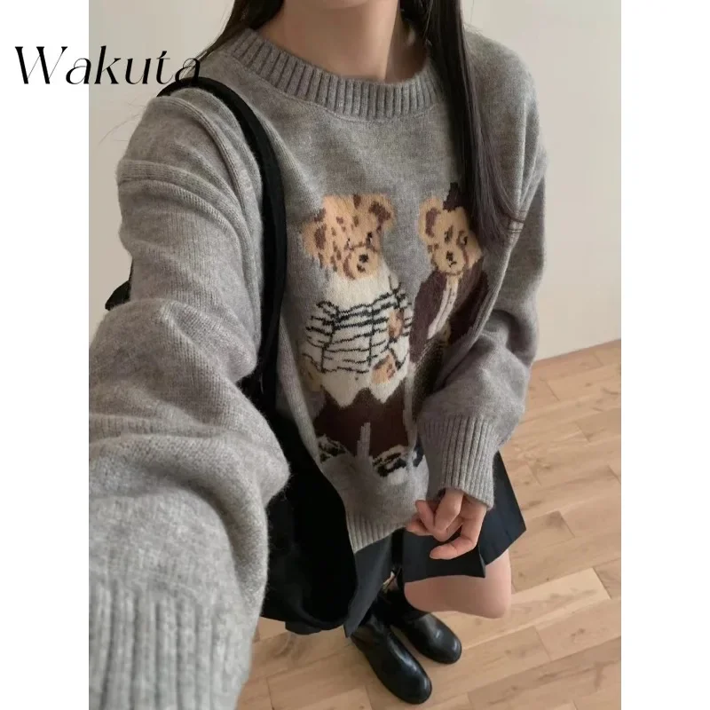 WAKUTA Japanese retro cartoon bear jacquard round neck knit sweater female fall new loose thin ageing soft sweater tops