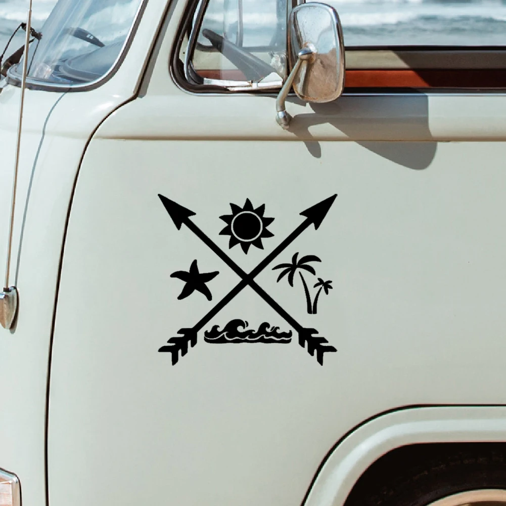 Beach Life Summer Fun Decal Wave Starfish Palm Tree Sun Icon Car Sticker Laptop Decal Laptop Van Camper Decor Sticker