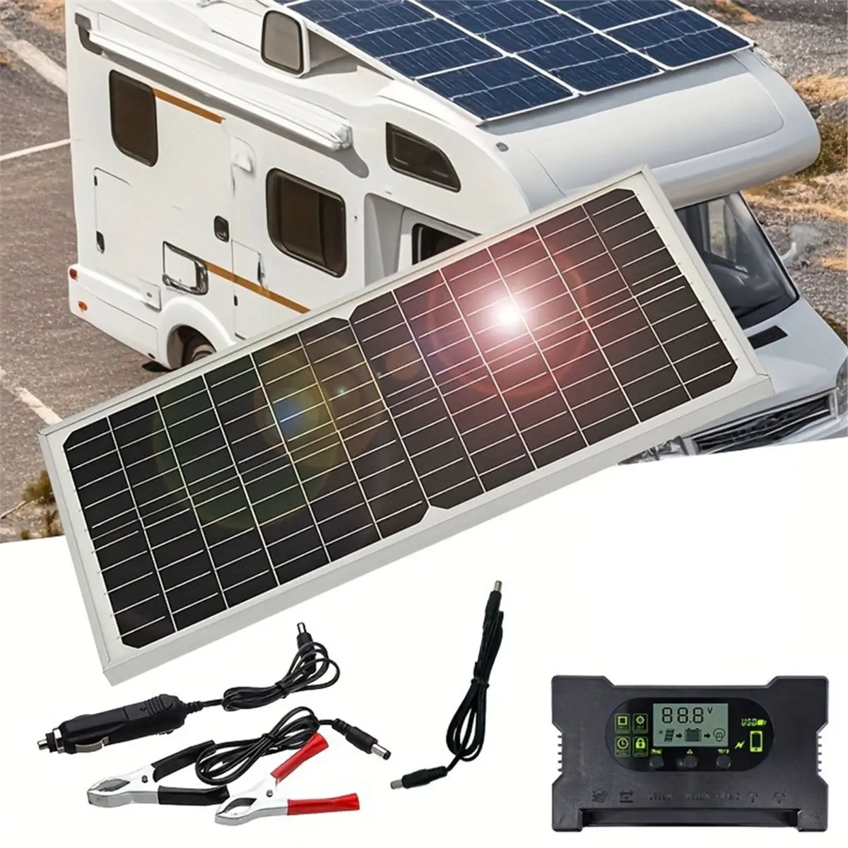 ♠Summer sale♥♦☹ 30W Power 12V Dual Solar Panel Kit IP65 Water-Resistant for Indoor & Outdoor Use Portable Solar Power System